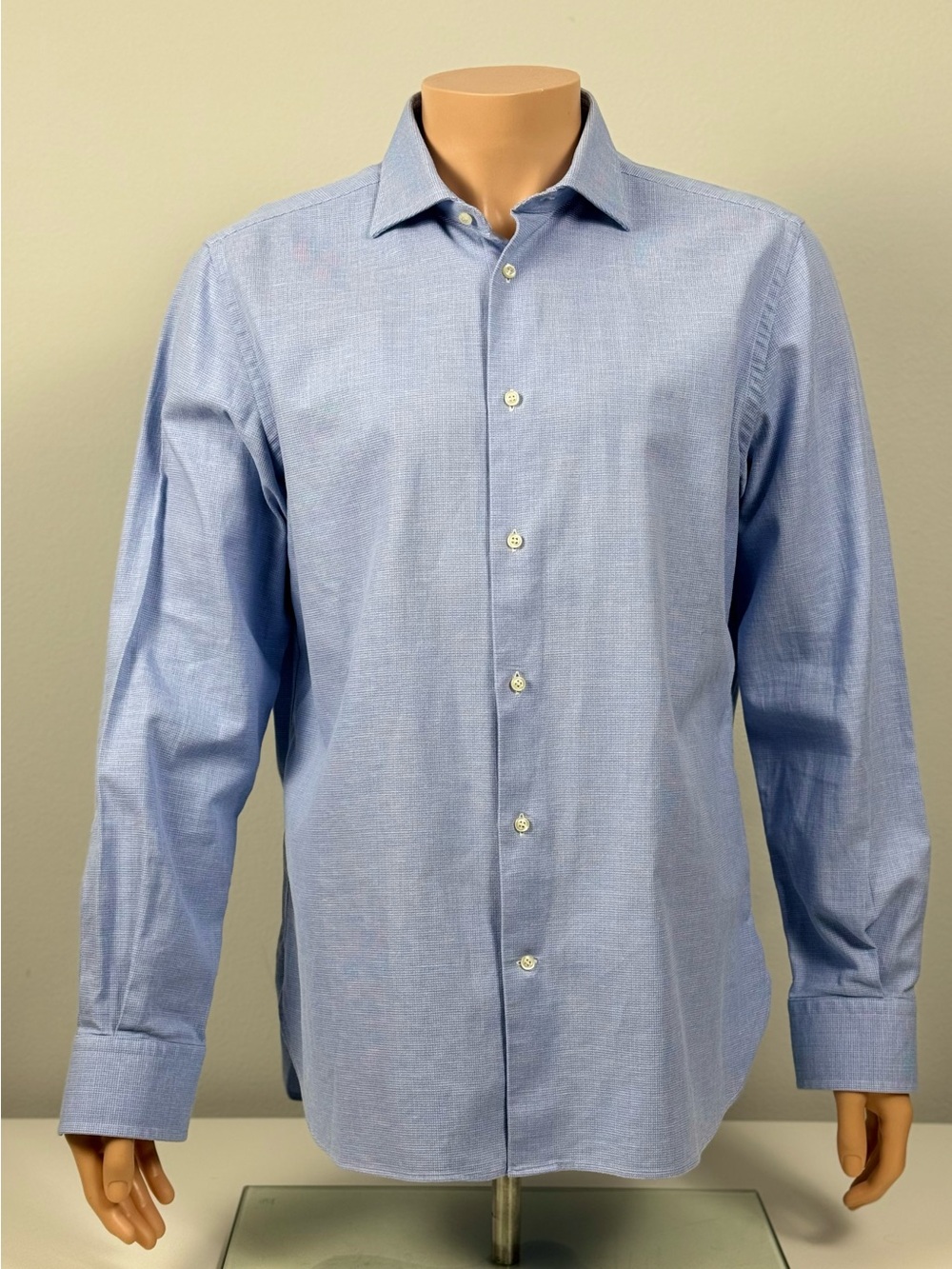 Boggi Milano Tailored Fit 96% Cotton 4% Linen Blue Dress Shirt 43/17